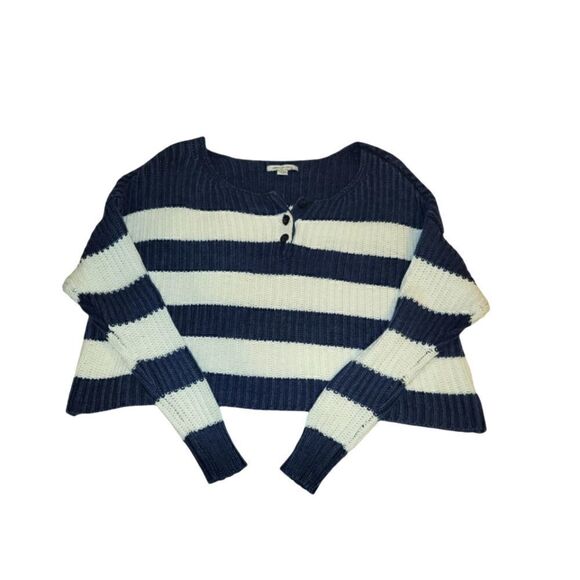 American Eagle Oversized Cropped Blue White Striped Chunky Knit Sweater XS - Picture 4 of 11